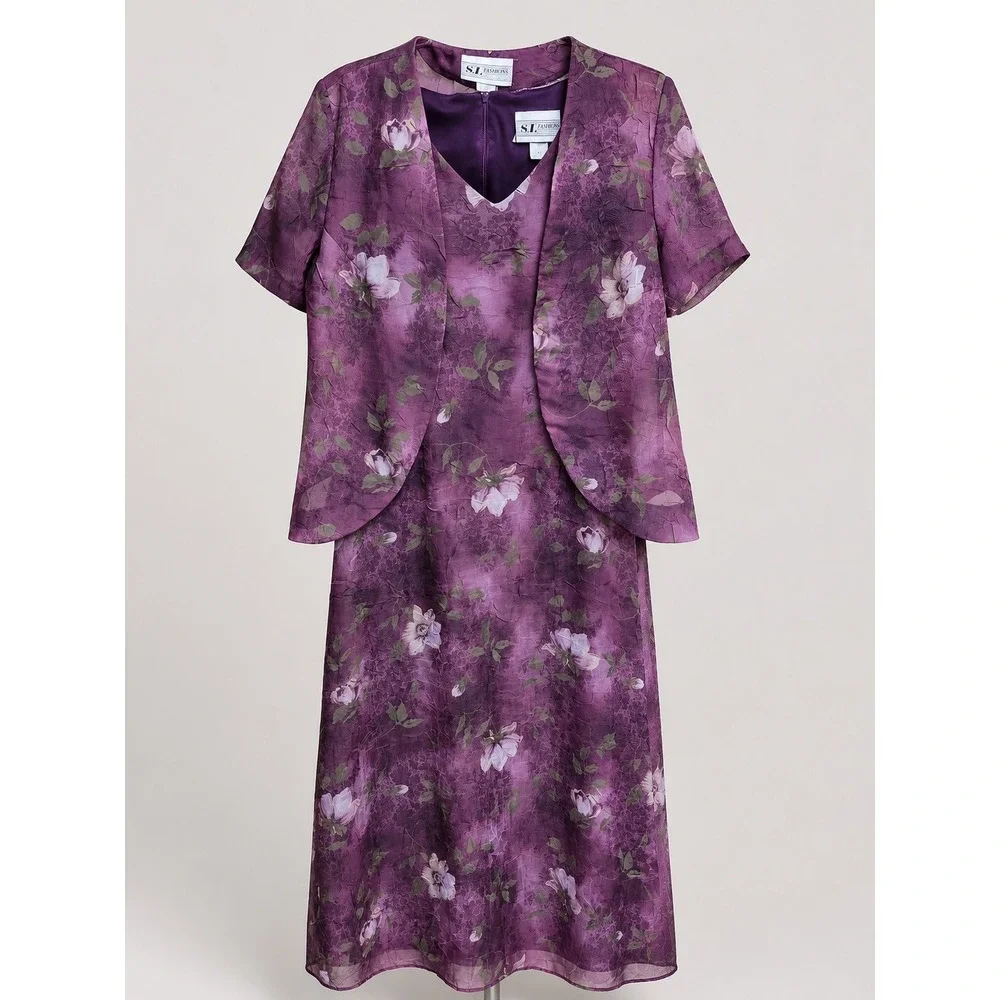 S.L. Fashions Purple Sz 12 Floral Jacket Dress 2 Piece Women Midi Chiffon Formal